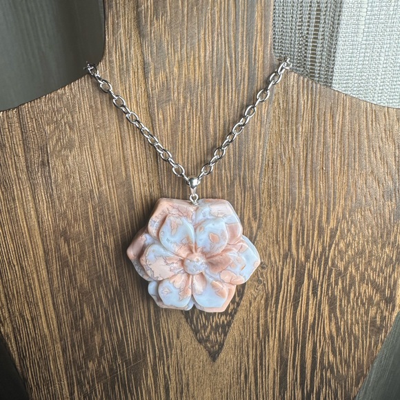 Pink Agate (“Cotton Candy Agate”) Flower Pendant on Stainless Steel Chain - Picture 3 of 14